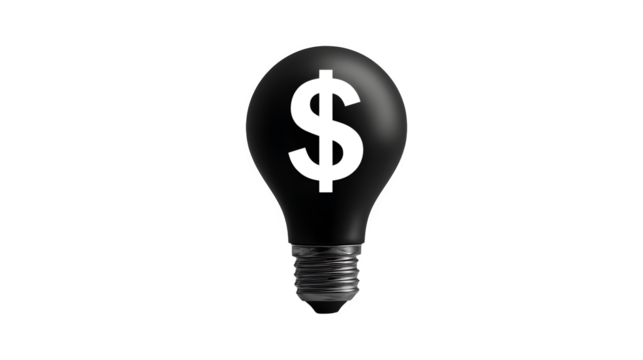 Single filled black icon of a lightbulb with dollar sign, innovative finance idea, isolated on white