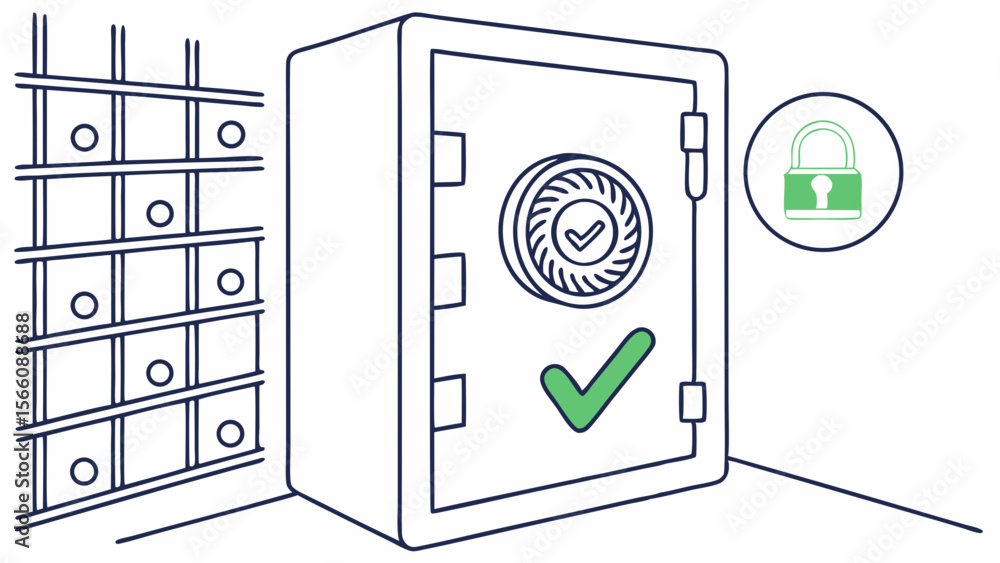 Poster digital security concept: secure vault with green checkmark and padlock icon illustrating data prote