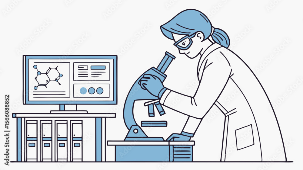 Poster scientific research and analysis: scientist using microscope and computer in laboratory line art ill