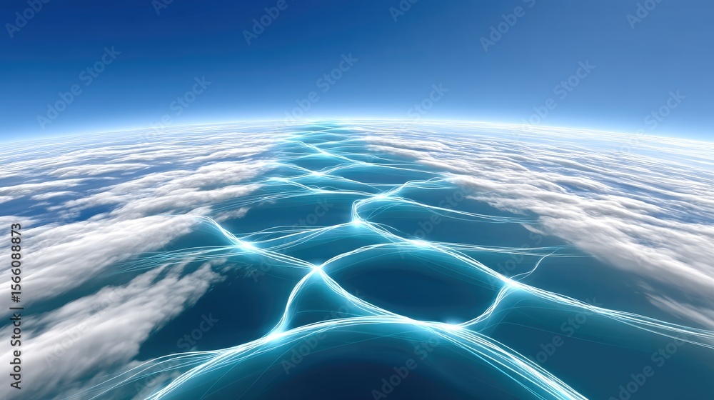 Poster abstract digital network connection mapping over cloudscape