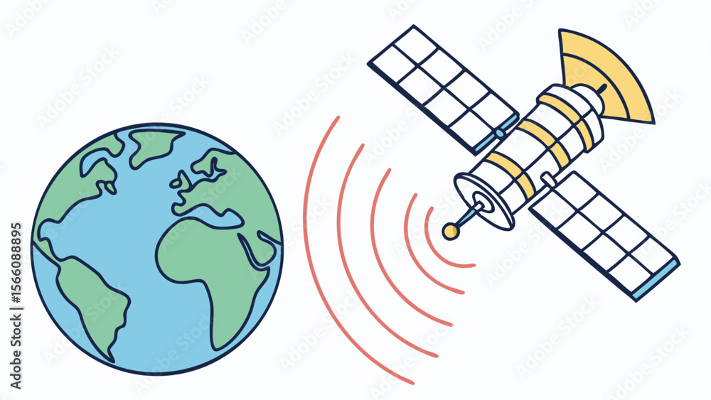Poster global satellite communication system with earth and transmitting radio waves: data transmission and
