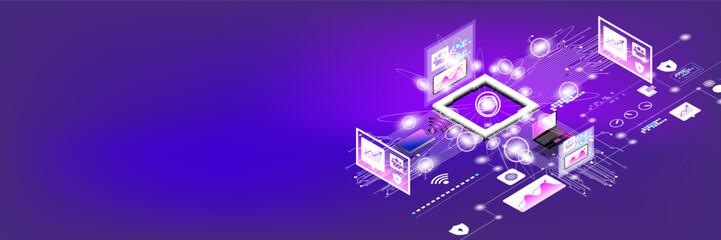 Quantum technology concept to analyze basic daily life data in the most efficient way.sometric illustration with visual interface for gobal network