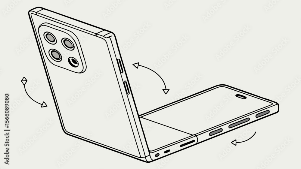 Poster foldable smartphone design concept line art with flexing arrows and modern multi-lens camera array