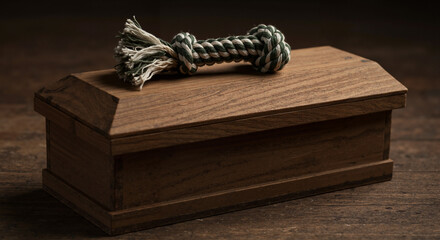 Wooden box with rope handle on dark wooden background  