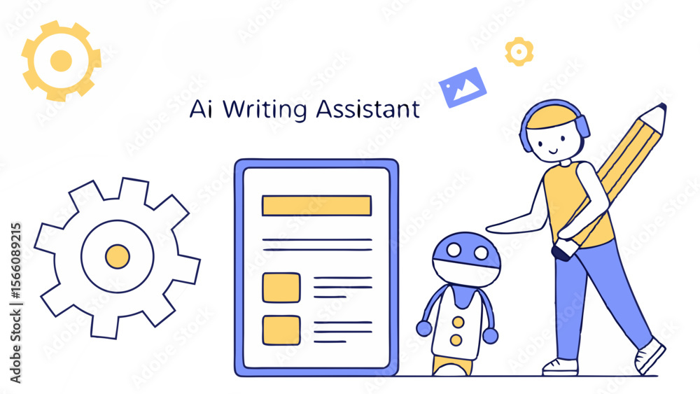 Poster ai writing assistant concept with human and robot collaboration for digital content creation and inn