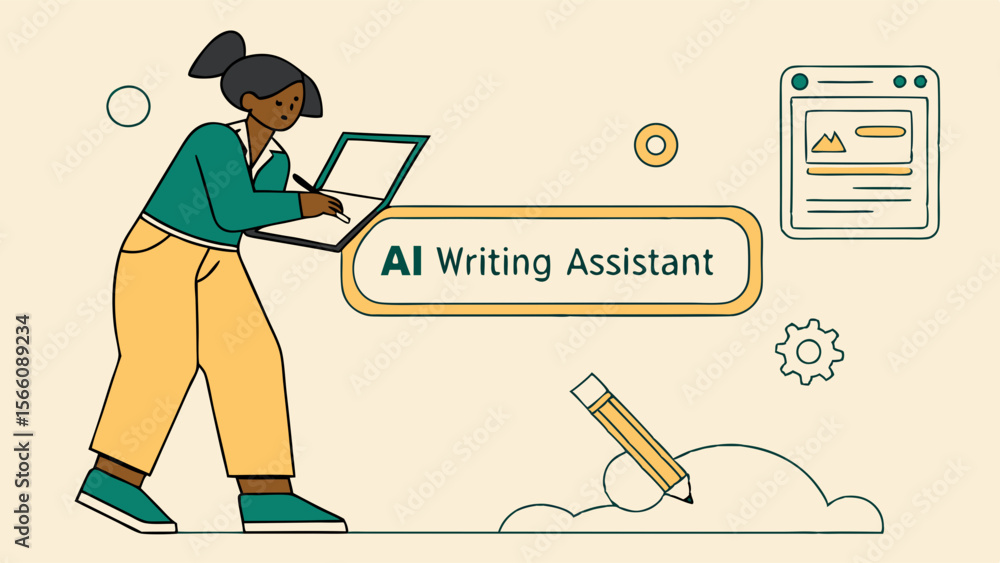 Poster ai writing assistant concept: woman using laptop for content creation with artificial intelligence t