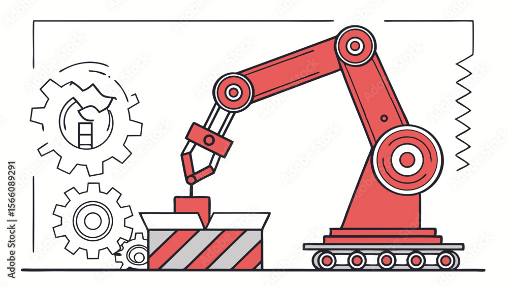 Poster industrial robotic arm automation process: modern factory assembly line with gears and production te