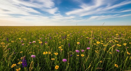 Obraz premium Colorful Wildflower Meadow under Blue Sky