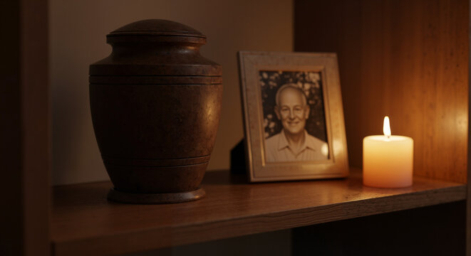 Decorative urn and framed photo beside lit candle on shelf  