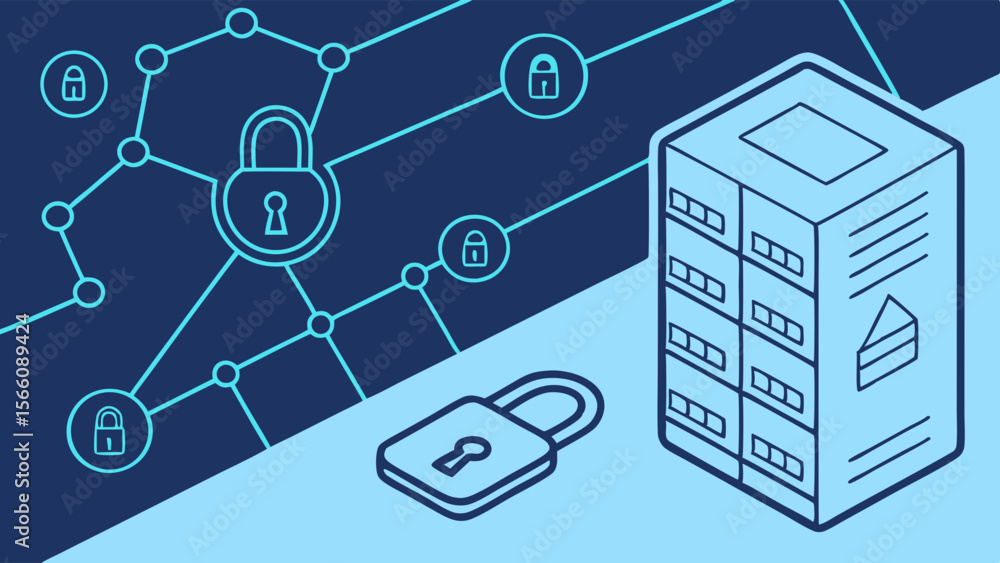 Poster cybersecurity and data protection concept with network padlocks and server rack illustration