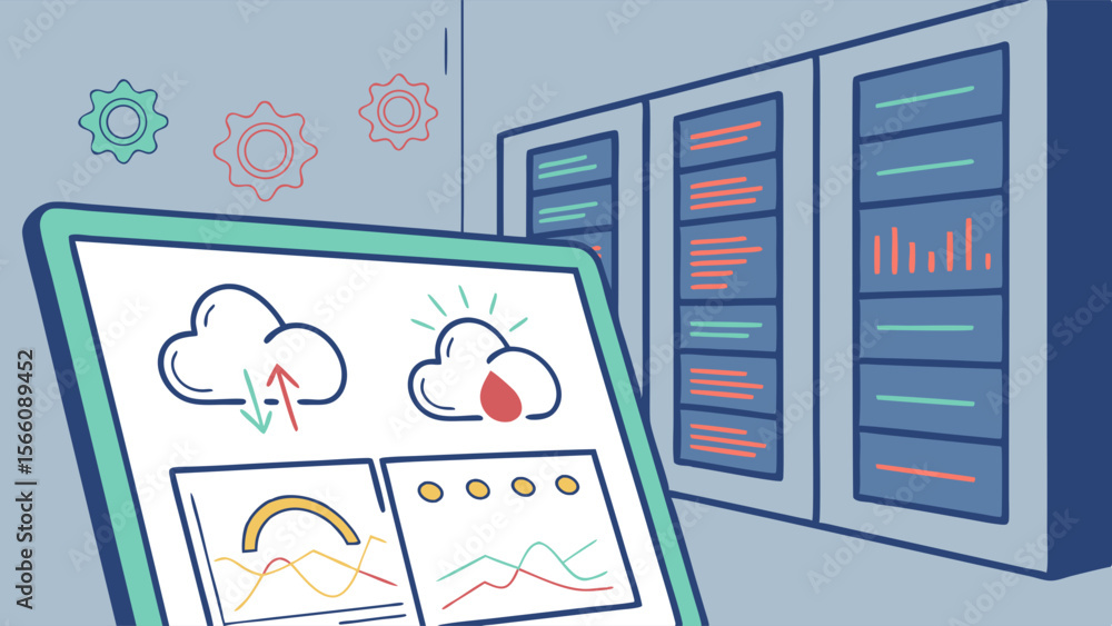 Poster cloud technology and data monitoring dashboard in a server room environment illustration