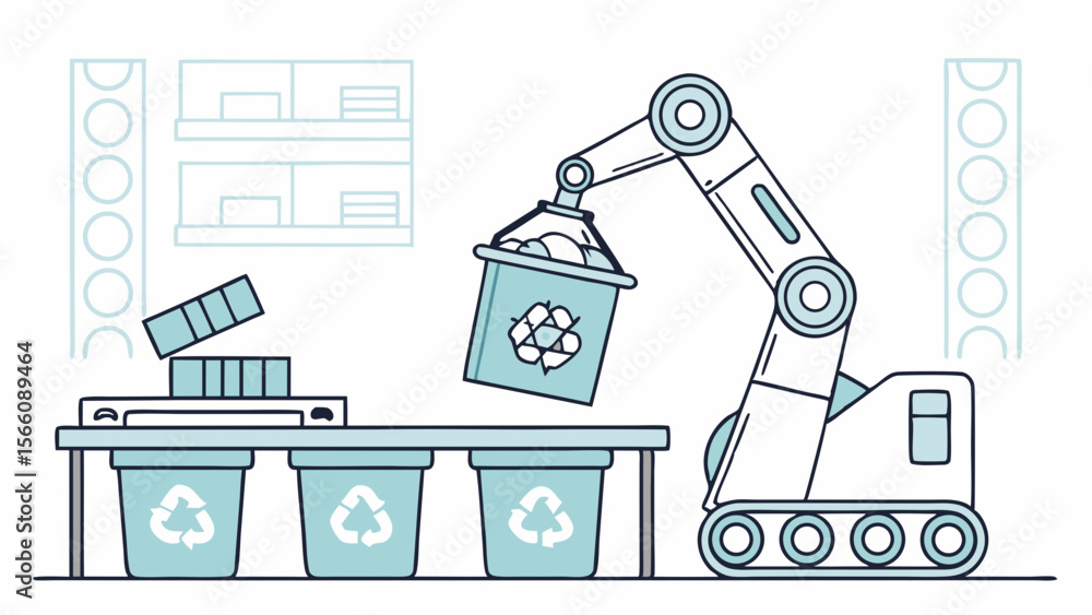 Poster automated recycling process with robotic arm and bins - sustainable waste management and environment