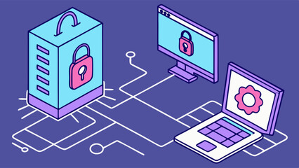 Cybersecurity and Data Protection Network Illustration: Secure Server, Monitor, and Laptop with Padlocks and Gear Icon on Purple Background