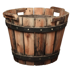 Obraz premium Rustic Wooden Bucket with Metal Bands, Aged Wood Container for Harvest, Farmhouse Decor isolated on transparent background