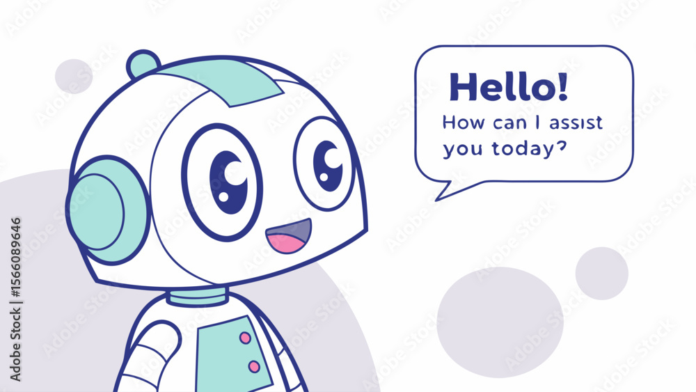 Poster friendly cartoon robot chatbot with speech bubble offering assistance. ai customer service, digital 