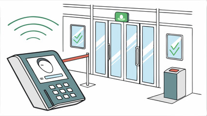 Secure Biometric Access Control System with Facial Recognition Reader and Automatic Doors, Illustrating Entry Management and Modern Security Techno...