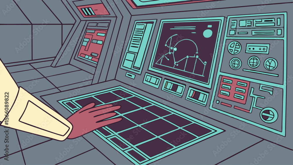 Poster futuristic control panel with hand interacting on touchscreen interface. stylized sci-fi console wit