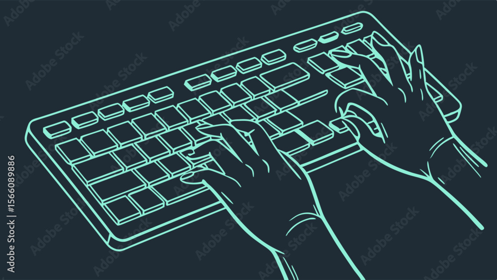 Poster digital typing: neon outline illustration of hands on a computer keyboard, representing work, progra