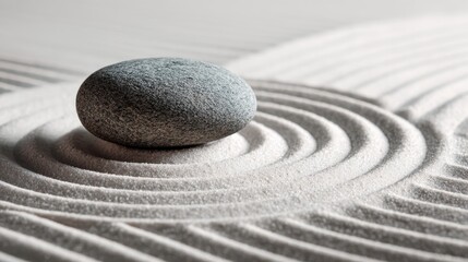 Single smooth stone placed on raked white sand in a traditional zen garden, emphasizing balance, purity, and mindfulness