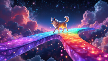 Dog walking on a rainbow path in a colorful cosmic setting  