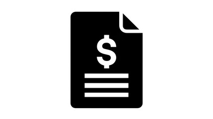 Fototapeta premium Single flat icon of a financial document with dollar sign, filled black, transparent background
