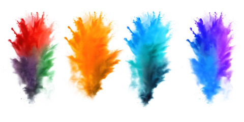Vibrant powder explosions red orange blue purple isolated on a transparent background