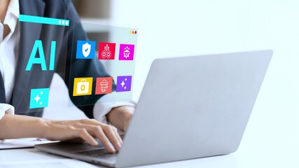 A human working on laptop with AI smart automation, Artificial intelligence in daily life.