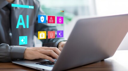 A human working on laptop with AI smart automation, Artificial intelligence in daily life.