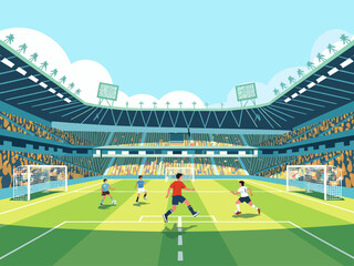 Obraz premium Soccer players playing with ball at stadium Teams during sport game at football field, grass at World Cup competition