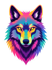 wolf head portrait, glowing yellow eyes, iridescent fur in neon rainbow colors, centered and symmetrical
