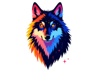 wolf head portrait, glowing yellow eyes, iridescent fur in neon rainbow colors, centered and symmetrical