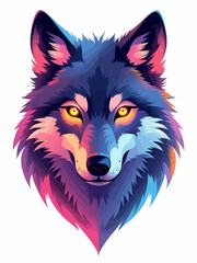Naklejka premium wolf head portrait, glowing yellow eyes, iridescent fur in neon rainbow colors, centered and symmetrical