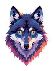 Naklejka premium wolf head portrait, glowing yellow eyes, iridescent fur in neon rainbow colors, centered and symmetrical