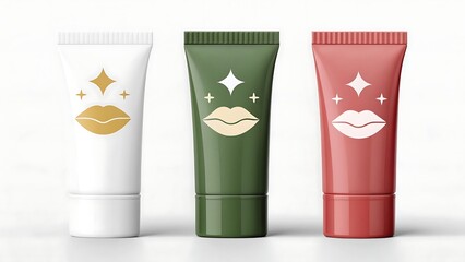 Fototapeta premium Three cosmetic tubes with lip and sparkle designs in white green and pink on a light background