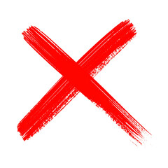 A bold, red "X" mark, hand-painted with thick brushstrokes, against white background.
