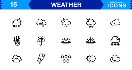 Modern Weather Icons Pack in Clean Vector Style with Climate Symbols Like Storm, Fog, Wind, Snow, and Sun