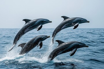 Obraz premium Dolphins leaping gracefully in the clear waters of Trincomalee, Sri Lanka's stunning coastline, Trincomalee Sri Lanka travel destination in Asia Dolphins swim and jump
