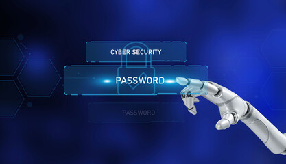 futuristic login with robotic hand pressing password button on cyber security interface