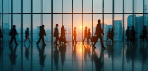 Silhouettes of business people walking inside a modern glass building at sunset, reflecting on the polished floor.