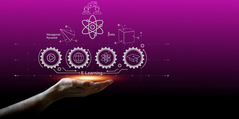 An abstract illustration depicts a person hand cradling the e-learning symbol as a conceptual...