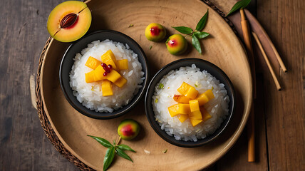 Top view of Thai mango sticky rice dessert on a white plate, placed on a wooden table with natural light. Includes sliced mango, sticky rice with coconut milk, and mung beans. Clean, vibrant, authenti