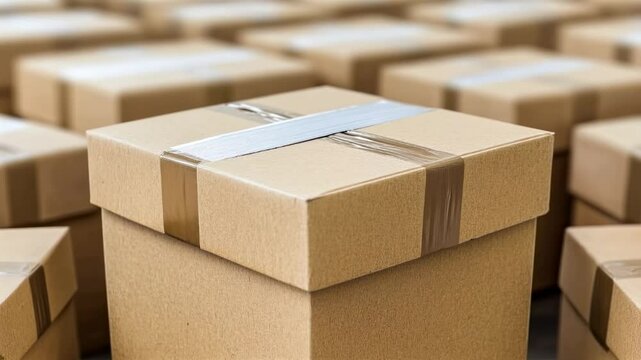 Close-up of stacked cardboard boxes, ready for shipping and delivery.