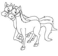 Cute cartoon hand drawn vector couples running horse outline.