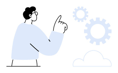 Person pointing at gears near a cloud, suggesting teamwork, problem-solving, technology, cloud computing, and system development. Ideal for innovation, progress, automation technology teamwork