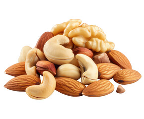 A pile of mixed nuts including walnuts, almonds, and cashews isolated on transparent background