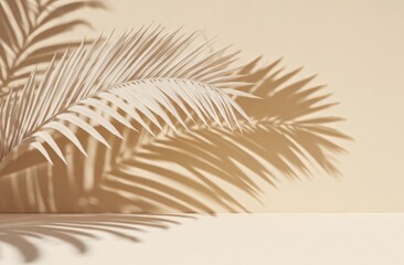A minimalist image of dried palm leaves casting shadows on a beige wall, creating a warm and natural ambiance.
