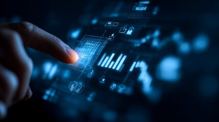 Finger tapping a virtual interface with icons of finance, charts, and stock market trends, blue neon background