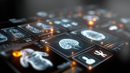 Floating holographic interface displaying interconnected medical icons, including brain scans, blood pressure monitors, and robotic surgery devices