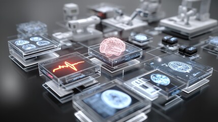 Floating holographic interface displaying interconnected medical icons, including brain scans, blood pressure monitors, and robotic surgery devices