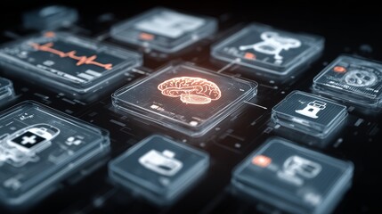 Floating holographic interface displaying interconnected medical icons, including brain scans, blood pressure monitors, and robotic surgery devices